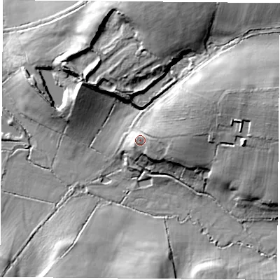 Shaded relief map of the ground around LE175JS, computed from Environment Agency LiDAR. The ground here sits at about 112 m above sea level and falls 26 m across the surrounding 800 m. Surface water reaching this point runs off ground lying to the east, 5.7 m higher.