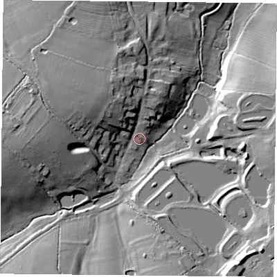 Shaded relief map of the ground around LE175PU, computed from Environment Agency LiDAR. The ground here sits at about 124 m above sea level and falls 26 m across the surrounding 800 m. Surface water reaching this point runs off ground lying to the north-west, 12.5 m higher.