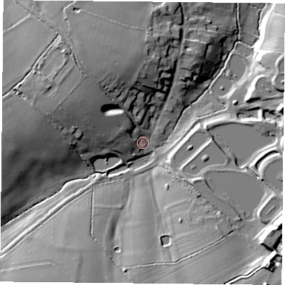 Shaded relief map of the ground around LE175PX, computed from Environment Agency LiDAR. The ground here sits at about 124 m above sea level and falls 25 m across the surrounding 800 m. Surface water reaching this point runs off ground lying to the north-west, 11.0 m higher.