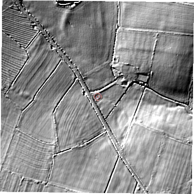 Shaded relief map of the ground around LE175RY, computed from Environment Agency LiDAR. The ground here sits at about 130 m above sea level and falls 11 m across the surrounding 800 m. Surface water reaching this point runs off ground lying to the south-south-west, 5.7 m higher.