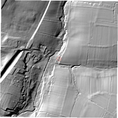 Shaded relief map of the ground around LE176AE, computed from Environment Agency LiDAR. The ground here sits at about 114 m above sea level and falls 29 m across the surrounding 800 m. Surface water reaching this point runs off ground lying to the east-north-east, 5.2 m higher.
