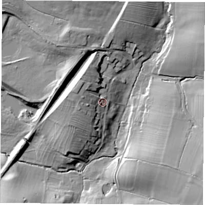 Shaded relief map of the ground around LE176AG, computed from Environment Agency LiDAR. The ground here sits at about 117 m above sea level and falls 27 m across the surrounding 800 m. Surface water reaching this point runs off ground lying to the west-north-west, 7.8 m higher.