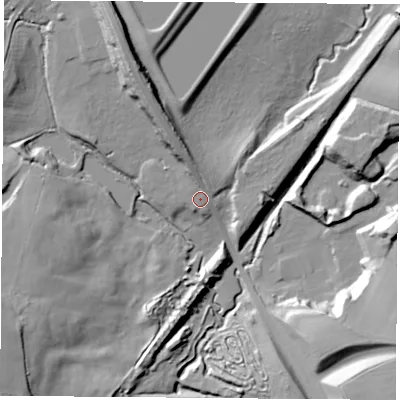 Shaded relief map of the ground around LE176AR, computed from Environment Agency LiDAR. The ground here sits at about 108 m above sea level and falls 28 m across the surrounding 800 m. Surface water reaching this point runs off ground lying to the north, 4.1 m higher.