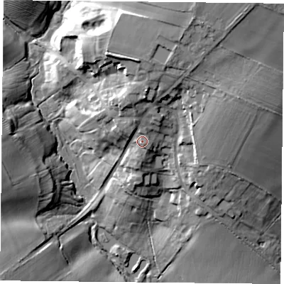 Shaded relief map of the ground around LE176DN, computed from Environment Agency LiDAR. The ground here sits at about 132 m above sea level and falls 28 m across the surrounding 800 m. Surface water reaching this point runs off ground lying to the north, 5.4 m higher.