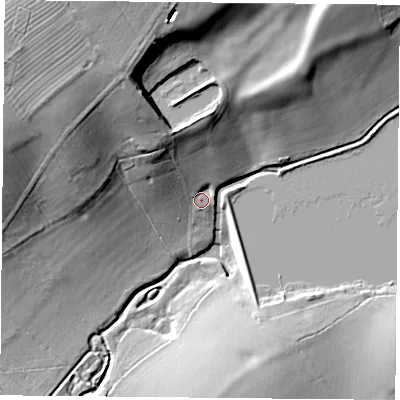 Shaded relief map of the ground around LE176DP, computed from Environment Agency LiDAR. The ground here sits at about 110 m above sea level and falls 35 m across the surrounding 800 m. Surface water reaching this point runs off ground lying to the north-north-west, 22.2 m higher.