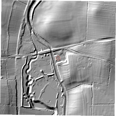 Shaded relief map of the ground around LE176JB, computed from Environment Agency LiDAR. The ground here sits at about 127 m above sea level and falls 26 m across the surrounding 800 m. Surface water reaching this point runs off ground lying to the east-north-east, 19.2 m higher.