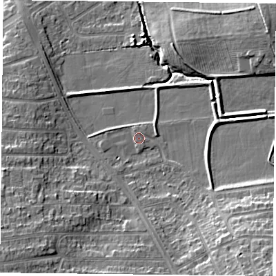 Shaded relief map of the ground around LE181EF, computed from Environment Agency LiDAR. The ground here sits at about 75 m above sea level and falls 17 m across the surrounding 800 m. Surface water reaching this point runs off ground lying to the south-east, 12.2 m higher.