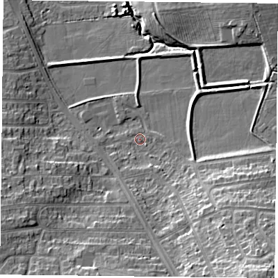 Shaded relief map of the ground around LE181JA, computed from Environment Agency LiDAR. The ground here sits at about 75 m above sea level and falls 20 m across the surrounding 800 m. Surface water reaching this point runs off ground lying to the south-east, 15.7 m higher.