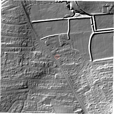 Shaded relief map of the ground around LE181JW, computed from Environment Agency LiDAR. The ground here sits at about 76 m above sea level and falls 20 m across the surrounding 800 m. Surface water reaching this point runs off ground lying to the south-south-east, 1.9 m higher.