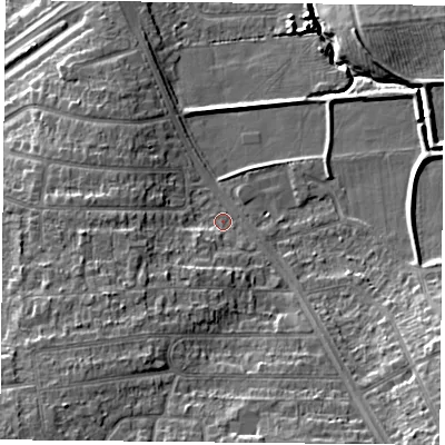 Shaded relief map of the ground around LE181JX, computed from Environment Agency LiDAR. The ground here sits at about 75 m above sea level and falls 16 m across the surrounding 800 m. Surface water reaching this point runs off ground lying to the south-west, 8.3 m higher.