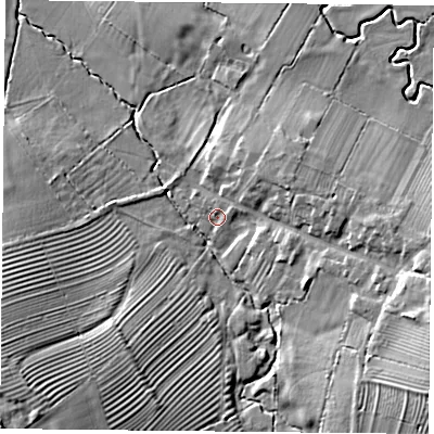 Shaded relief map of the ground around LE183AA, computed from Environment Agency LiDAR. The ground here sits at about 80 m above sea level and falls 21 m across the surrounding 800 m. Surface water reaching this point runs off ground lying to the north-east, 6.9 m higher.