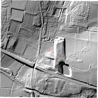 Shaded relief map of the ground around LE183AD, computed from Environment Agency LiDAR. The ground here sits at about 78 m above sea level and falls 18 m across the surrounding 800 m. Surface water reaching this point runs off ground lying to the east-south-east, 15.8 m higher.