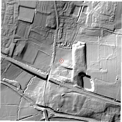 Shaded relief map of the ground around LE183AE, computed from Environment Agency LiDAR. The ground here sits at about 78 m above sea level and falls 18 m across the surrounding 800 m. Surface water reaching this point runs off ground lying to the east-south-east, 15.8 m higher.