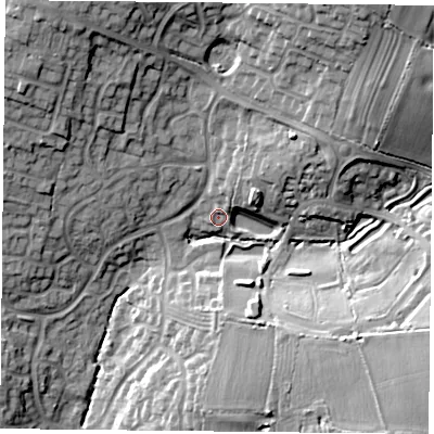 Shaded relief map of the ground around LE183LN, computed from Environment Agency LiDAR. The ground here sits at about 86 m above sea level and falls 20 m across the surrounding 800 m. Surface water reaching this point runs off ground lying to the north-east, 16.8 m higher.