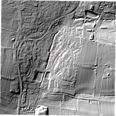 Shaded relief map of the ground around LE183SD, computed from Environment Agency LiDAR. The ground here sits at about 84 m above sea level and falls 19 m across the surrounding 800 m. Surface water reaching this point runs off ground lying to the east, 10.2 m higher.