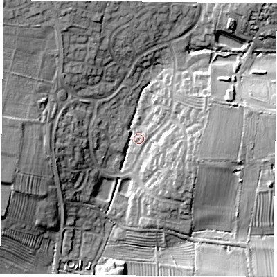 Shaded relief map of the ground around LE183SS, computed from Environment Agency LiDAR. The ground here sits at about 83 m above sea level and falls 18 m across the surrounding 800 m. Surface water reaching this point runs off ground lying to the east, 15.0 m higher.
