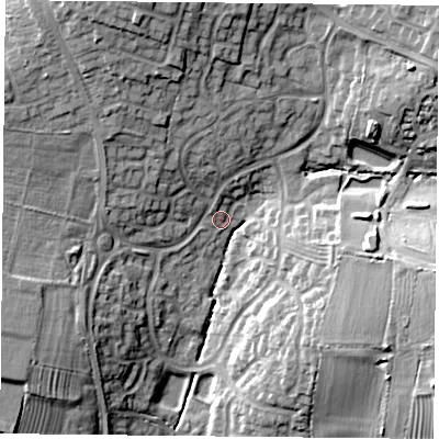 Shaded relief map of the ground around LE183SW, computed from Environment Agency LiDAR. The ground here sits at about 84 m above sea level and falls 18 m across the surrounding 800 m. Surface water reaching this point runs off ground lying to the north-north-west, 13.4 m higher.