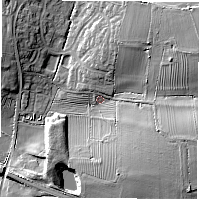 Shaded relief map of the ground around LE183TA, computed from Environment Agency LiDAR. The ground here sits at about 82 m above sea level and falls 22 m across the surrounding 800 m. Surface water reaching this point runs off ground lying to the east-north-east, 16.5 m higher.