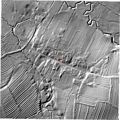 Shaded relief map of the ground around LE183TD, computed from Environment Agency LiDAR. The ground here sits at about 85 m above sea level and falls 23 m across the surrounding 800 m. Surface water reaching this point runs off ground lying to the east-south-east, 13.0 m higher.