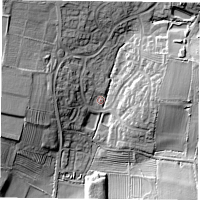Shaded relief map of the ground around LE183TP, computed from Environment Agency LiDAR. The ground here sits at about 82 m above sea level and falls 17 m across the surrounding 800 m. Surface water reaching this point runs off ground lying to the east-north-east, 14.1 m higher.