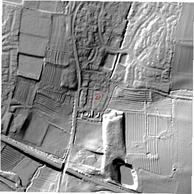 Shaded relief map of the ground around LE183UA, computed from Environment Agency LiDAR. The ground here sits at about 79 m above sea level and falls 17 m across the surrounding 800 m. Surface water reaching this point runs off ground lying to the north-west, 5.4 m higher.