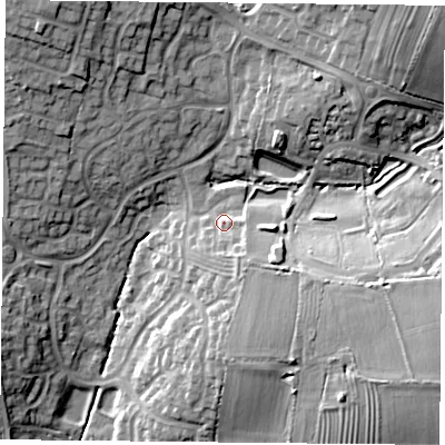 Shaded relief map of the ground around LE183UJ, computed from Environment Agency LiDAR. The ground here sits at about 88 m above sea level and falls 20 m across the surrounding 800 m. Surface water reaching this point runs off ground lying to the east-south-east, 11.2 m higher.