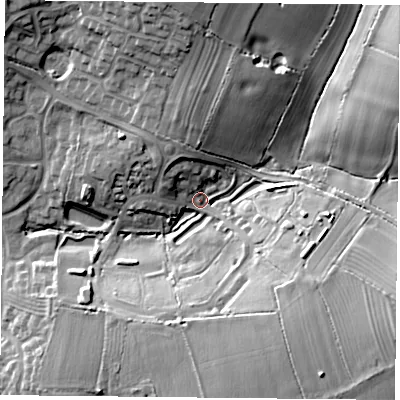 Shaded relief map of the ground around LE183UX, computed from Environment Agency LiDAR. The ground here sits at about 88 m above sea level and falls 21 m across the surrounding 800 m. Surface water reaching this point runs off ground lying to the south-east, 17.8 m higher.