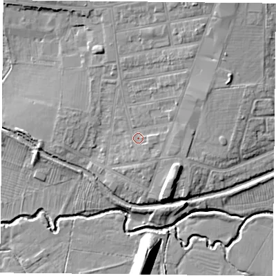 Shaded relief map of the ground around LE184PG, computed from Environment Agency LiDAR. The ground here sits at about 73 m above sea level and falls 13 m across the surrounding 800 m. Surface water reaching this point runs off ground lying to the south-east, 4.3 m higher.
