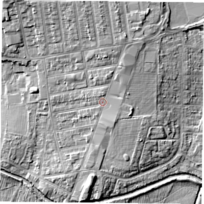 Shaded relief map of the ground around LE184PL, computed from Environment Agency LiDAR. The ground here sits at about 75 m above sea level and falls 11 m across the surrounding 800 m. Surface water reaching this point runs off ground lying to the north-north-east, 1.6 m higher.