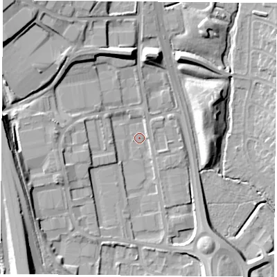 Shaded relief map of the ground around LE191UX, computed from Environment Agency LiDAR. The ground here sits at about 64 m above sea level and falls 18 m across the surrounding 800 m. Surface water reaching this point runs off ground lying to the north-west, 13.5 m higher.