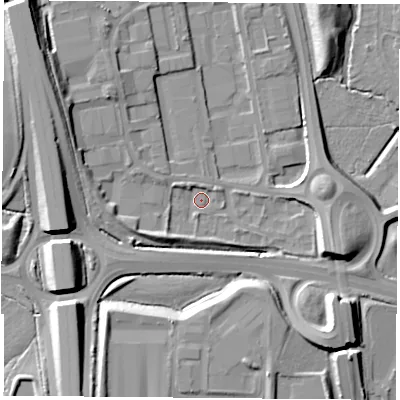 Shaded relief map of the ground around LE191WL, computed from Environment Agency LiDAR. The ground here sits at about 65 m above sea level and falls 15 m across the surrounding 800 m. Surface water reaching this point runs off ground lying to the north-west, 7.6 m higher.