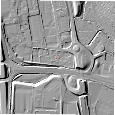 Shaded relief map of the ground around LE191WP, computed from Environment Agency LiDAR. The ground here sits at about 65 m above sea level and falls 14 m across the surrounding 800 m. Surface water reaching this point runs off ground lying to the east-south-east, 7.8 m higher.