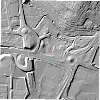 Shaded relief map of the ground around LE191WQ, computed from Environment Agency LiDAR. The ground here sits at about 64 m above sea level and falls 16 m across the surrounding 800 m. Surface water reaching this point runs off ground lying to the south-south-east, 1.9 m higher.