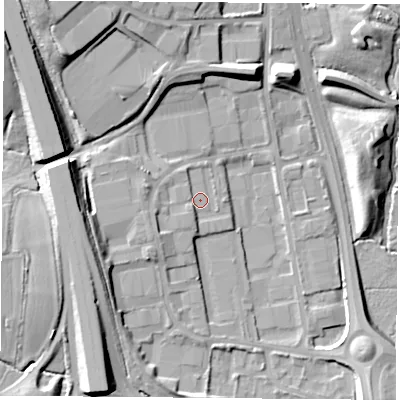 Shaded relief map of the ground around LE191WR, computed from Environment Agency LiDAR. The ground here sits at about 66 m above sea level and falls 18 m across the surrounding 800 m. Surface water reaching this point runs off ground lying to the west, 2.6 m higher.