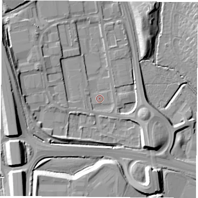 Shaded relief map of the ground around LE191WY, computed from Environment Agency LiDAR. The ground here sits at about 65 m above sea level and falls 14 m across the surrounding 800 m. Surface water reaching this point runs off ground lying to the west-north-west, 13.0 m higher.