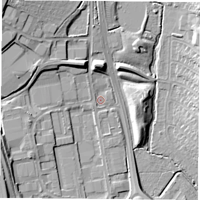 Shaded relief map of the ground around LE191WZ, computed from Environment Agency LiDAR. The ground here sits at about 65 m above sea level and falls 21 m across the surrounding 800 m. Surface water reaching this point runs off ground lying to the north, 9.3 m higher.