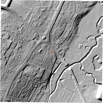 Shaded relief map of the ground around LE192BH, computed from Environment Agency LiDAR. The ground here sits at about 67 m above sea level and falls 22 m across the surrounding 800 m. Surface water reaching this point runs off ground lying to the west, 16.7 m higher.