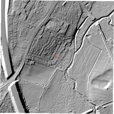 Shaded relief map of the ground around LE192DB, computed from Environment Agency LiDAR. The ground here sits at about 64 m above sea level and falls 23 m across the surrounding 800 m. Surface water reaching this point runs off ground lying to the north-west, 12.4 m higher.