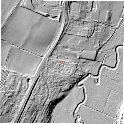 Shaded relief map of the ground around LE192ED, computed from Environment Agency LiDAR. The ground here sits at about 64 m above sea level and falls 14 m across the surrounding 800 m. Surface water reaching this point runs off ground lying to the south-west, 4.6 m higher.