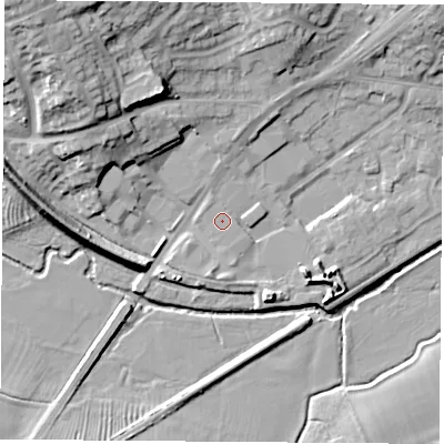 Shaded relief map of the ground around LE192GA, computed from Environment Agency LiDAR. The ground here sits at about 67 m above sea level and falls 24 m across the surrounding 800 m. Surface water reaching this point runs off ground lying to the north, 2.5 m higher.