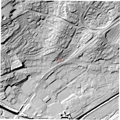 Shaded relief map of the ground around LE192GE, computed from Environment Agency LiDAR. The ground here sits at about 71 m above sea level and falls 30 m across the surrounding 800 m. Surface water reaching this point runs off ground lying to the north-west, 22.5 m higher.