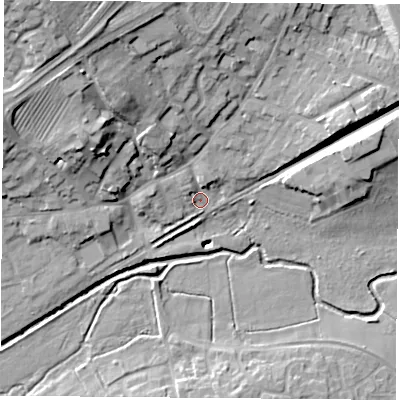 Shaded relief map of the ground around LE192HB, computed from Environment Agency LiDAR. The ground here sits at about 66 m above sea level and falls 26 m across the surrounding 800 m. Surface water reaching this point runs off ground lying to the north-west, 17.5 m higher.