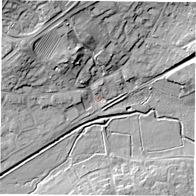 Shaded relief map of the ground around LE192HR, computed from Environment Agency LiDAR. The ground here sits at about 65 m above sea level and falls 25 m across the surrounding 800 m. Surface water reaching this point runs off ground lying to the north-north-west, 16.3 m higher.