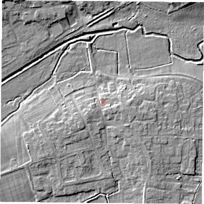 Shaded relief map of the ground around LE192HS, computed from Environment Agency LiDAR. The ground here sits at about 67 m above sea level and falls 11 m across the surrounding 800 m. Surface water reaching this point runs off ground lying to the east-south-east, 2.4 m higher.