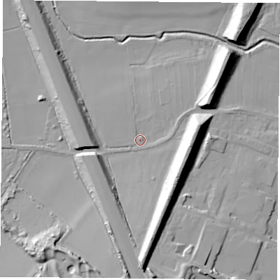 Shaded relief map of the ground around LE192JB, computed from Environment Agency LiDAR. The ground here sits at about 67 m above sea level and falls 20 m across the surrounding 800 m. Surface water reaching this point runs off ground lying to the east-north-east, 1.9 m higher.