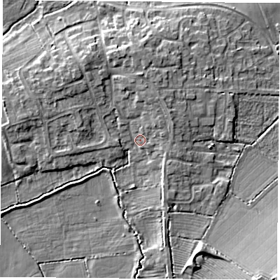 Shaded relief map of the ground around LE192JL, computed from Environment Agency LiDAR. The ground here sits at about 66 m above sea level and falls 10 m across the surrounding 800 m. Surface water reaching this point runs off ground lying to the north-west, 3.8 m higher.