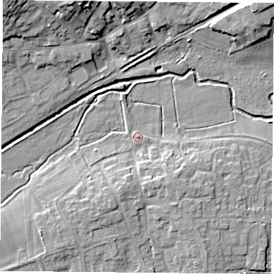 Shaded relief map of the ground around LE192LU, computed from Environment Agency LiDAR. The ground here sits at about 65 m above sea level and falls 17 m across the surrounding 800 m. Surface water reaching this point runs off ground lying to the east-north-east, 1.1 m higher.