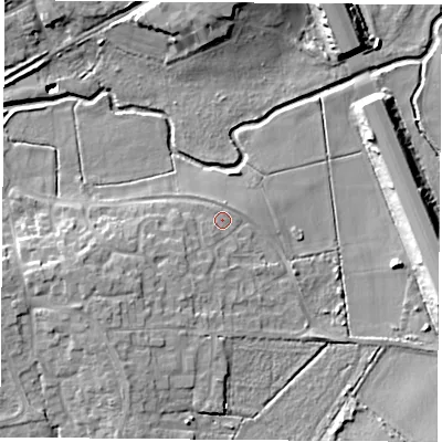 Shaded relief map of the ground around LE192PT, computed from Environment Agency LiDAR. The ground here sits at about 65 m above sea level and falls 11 m across the surrounding 800 m. Surface water reaching this point runs off ground lying to the south-west, 1.8 m higher.