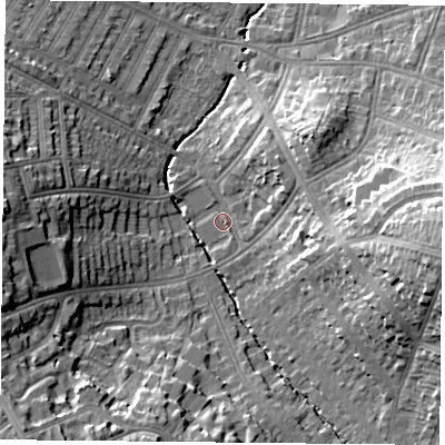 Shaded relief map of the ground around LE21AS, computed from Environment Agency LiDAR. The ground here sits at about 70 m above sea level and falls 22 m across the surrounding 800 m. Surface water reaching this point runs off ground lying to the east, 19.0 m higher.