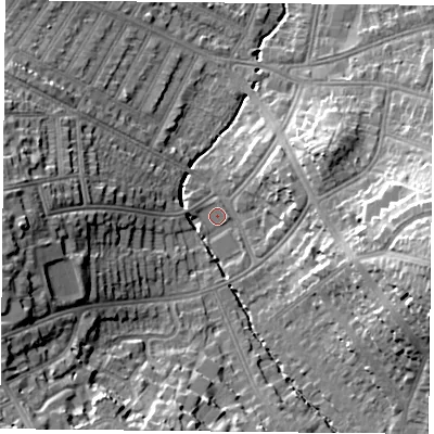 Shaded relief map of the ground around LE21AT, computed from Environment Agency LiDAR. The ground here sits at about 70 m above sea level and falls 21 m across the surrounding 800 m. Surface water reaching this point runs off ground lying to the east-south-east, 18.6 m higher.
